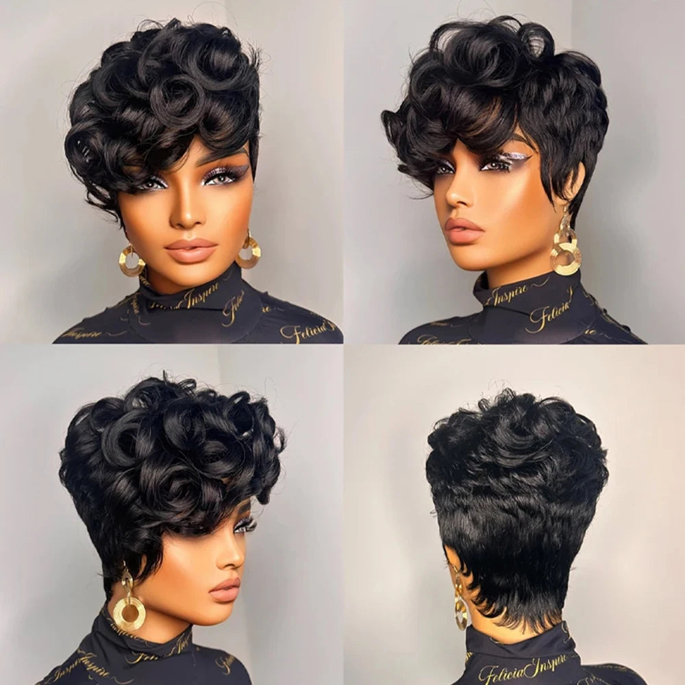 Perruque Pixie Cut 6 Pouces Loose Curly Avec Frange Dégradée Cheveux Humains Brésiliens Bonnet Rose Machine Made – CLEVI Paris