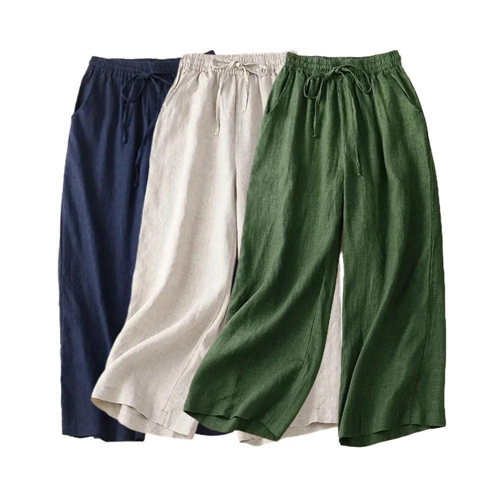 Pantalon Femme Lin Coton Taille Haute Jambe Large Casual Poches Cheville – CLEVI Paris