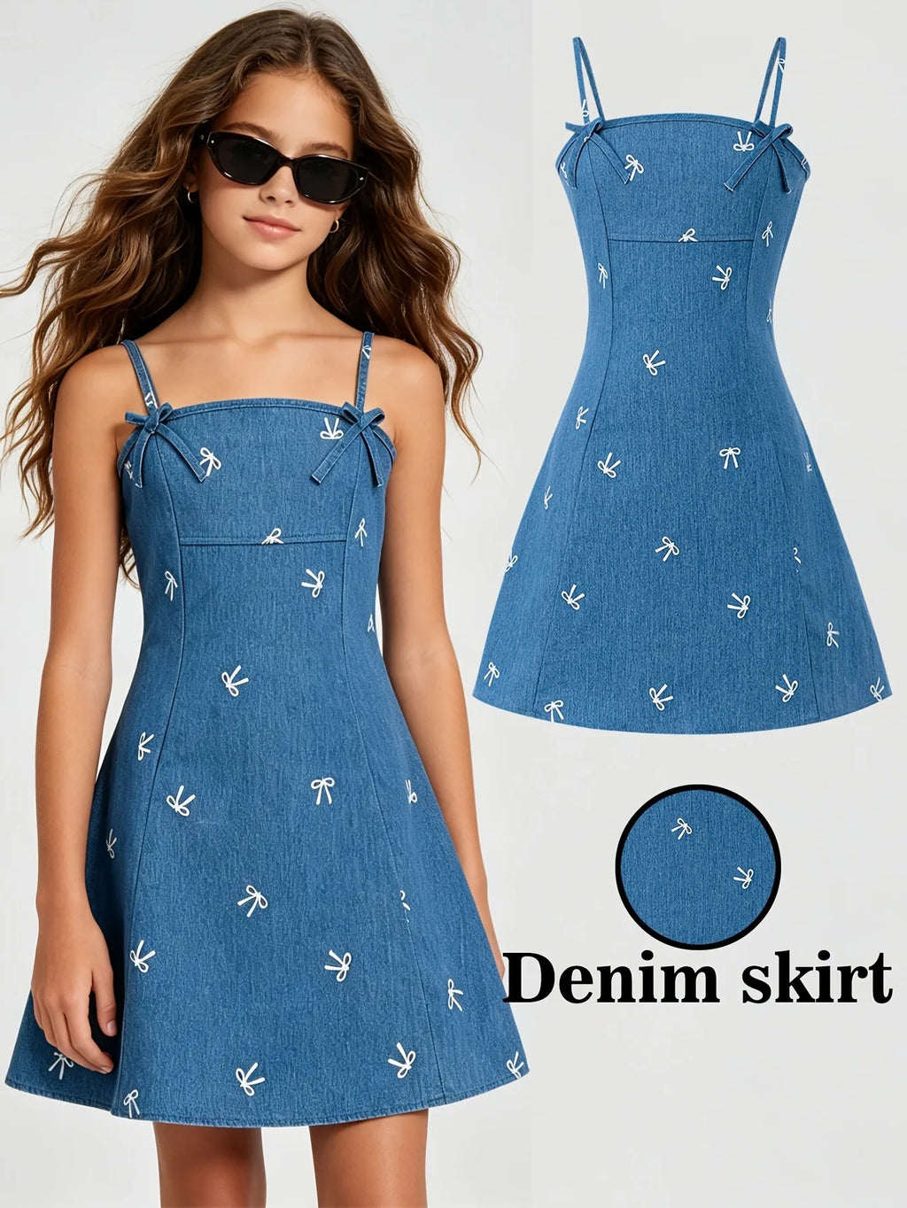Robe fille bleue à bretelles et nœuds – CLEVI Paris