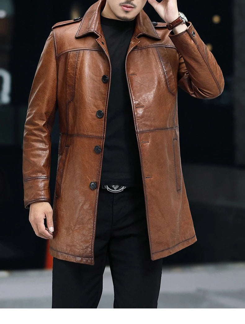 Manteau homme en cuir boutonné style rétro – CLEVI Paris