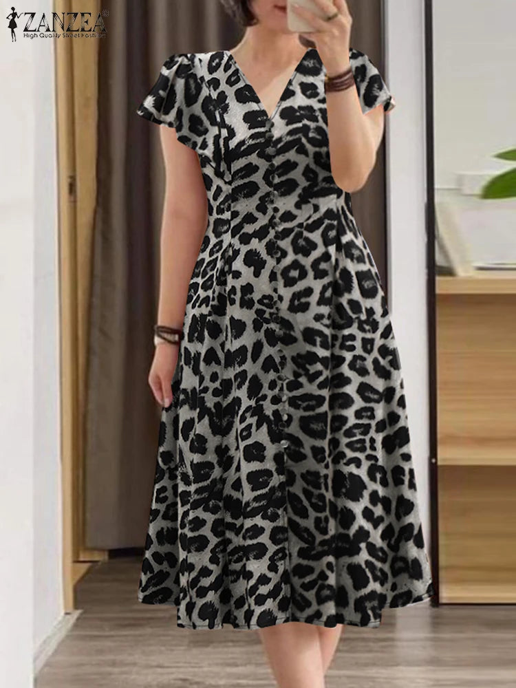 Robe Femme Col V Imprimé Floral Manches Papillon Taille Cintrée A-line Mi-Mollet – CLEVI Paris