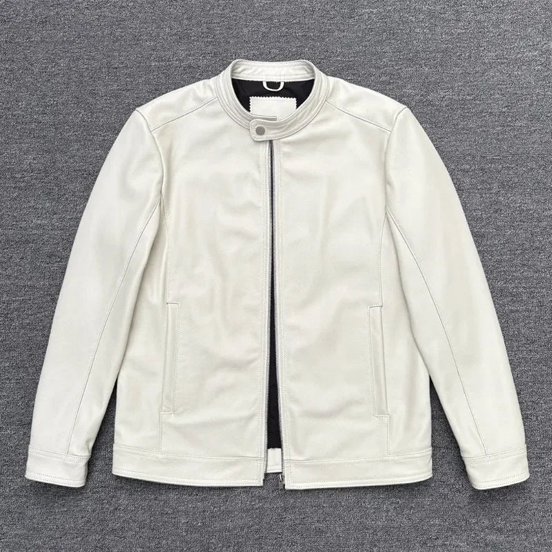 Veste homme en cuir ivoire à col montant – CLEVI Paris