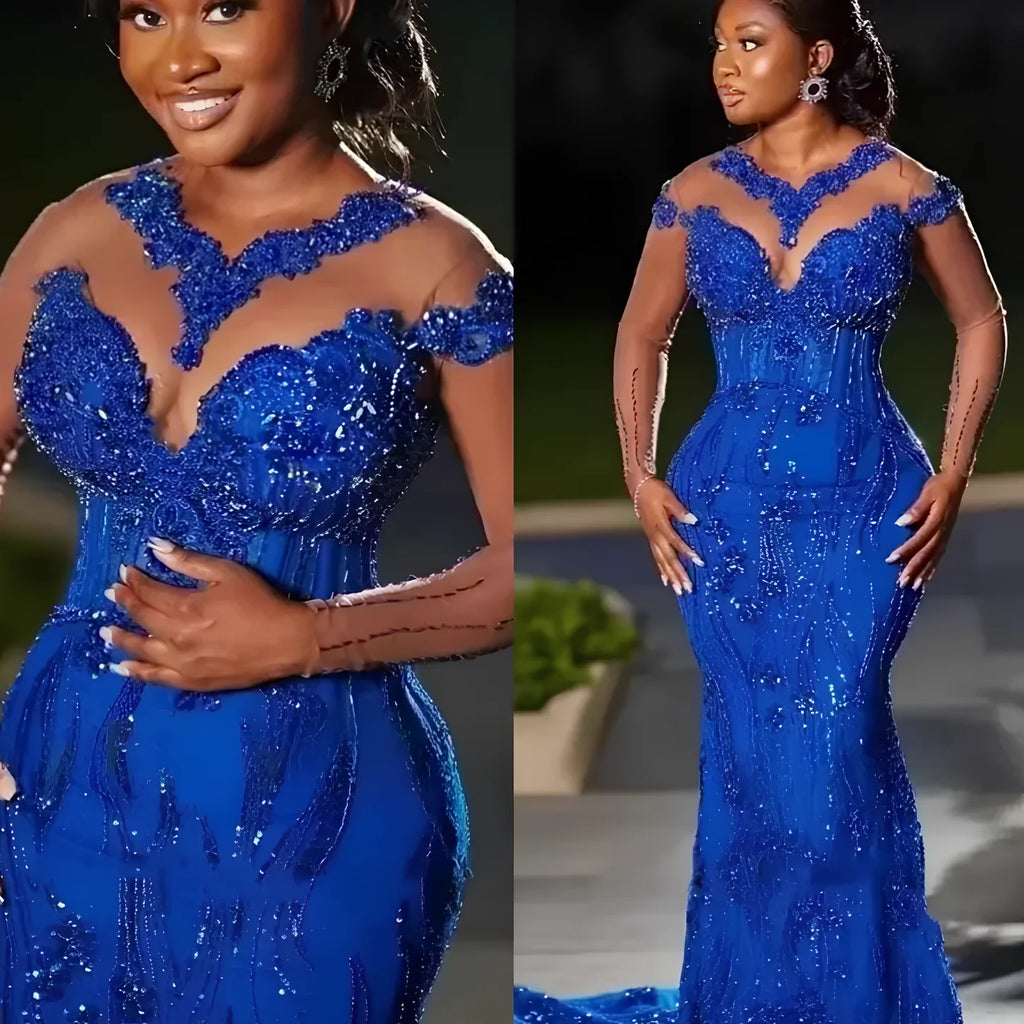 Robe de soirée sirène perlée col illusion – CLEVI Paris