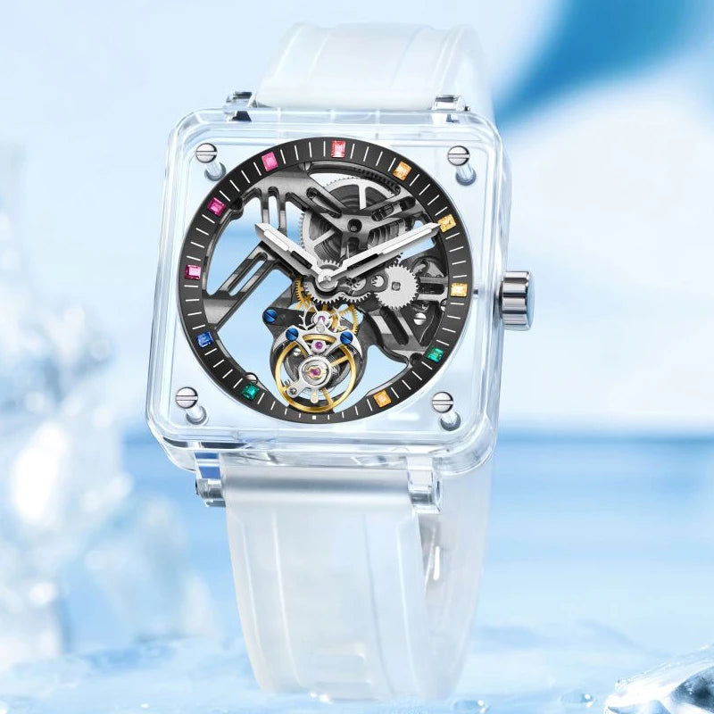 Montre Homme Tourbillon Transparent AESOP 7058G – Squelette Intégral Verre Saphir Étanche Bracelet Caoutchouc – CLEVI Paris