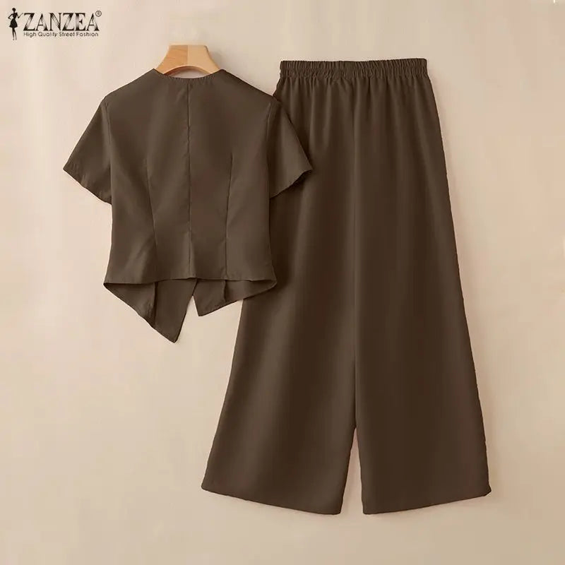 Ensemble 2 Pièces Femme Blouse Col V Manches Courtes Plissée + Pantalon Large Taille Mi-Haute Élastique OL Casual 3 Coloris – CLEVI Paris