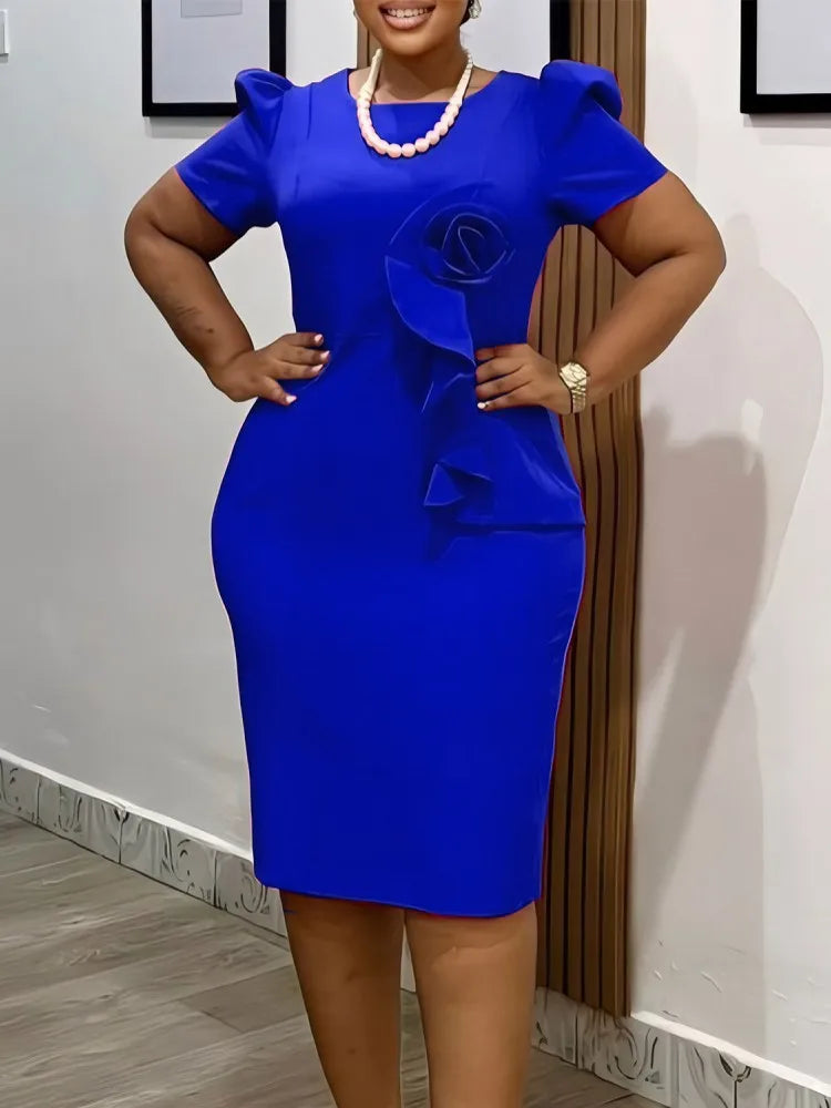 Robe Femme Grande Taille Manches Courtes Crayon Mi-Mollet Décor Floral Bureau – CLEVI Paris