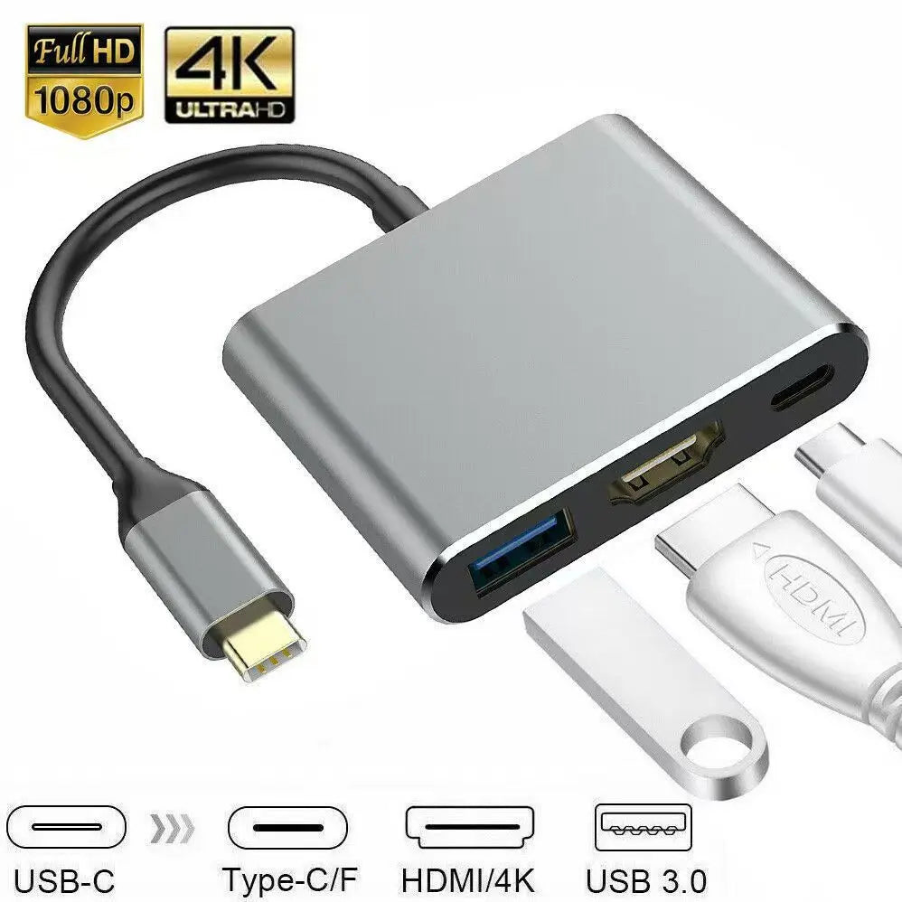 Hub USB-C 3-en-1 PD 100W HDMI 4K 30Hz USB 3.0 Compact Gris – CLEVI Paris