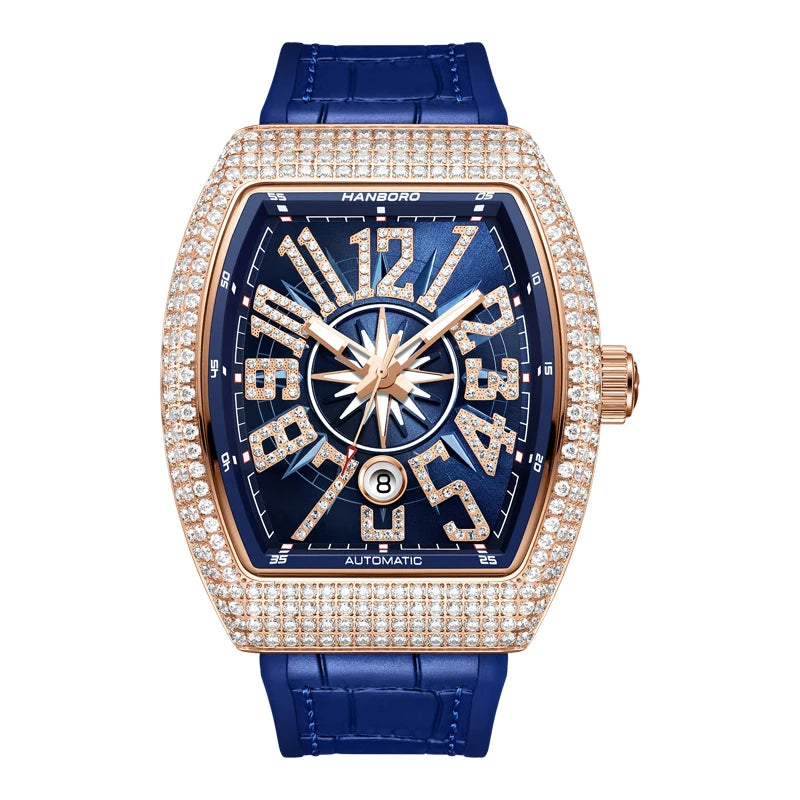 HANBORO 9029 Montre Homme Automatique Tonneau 445 Cristaux Étanche 5ATM – CLEVI Paris