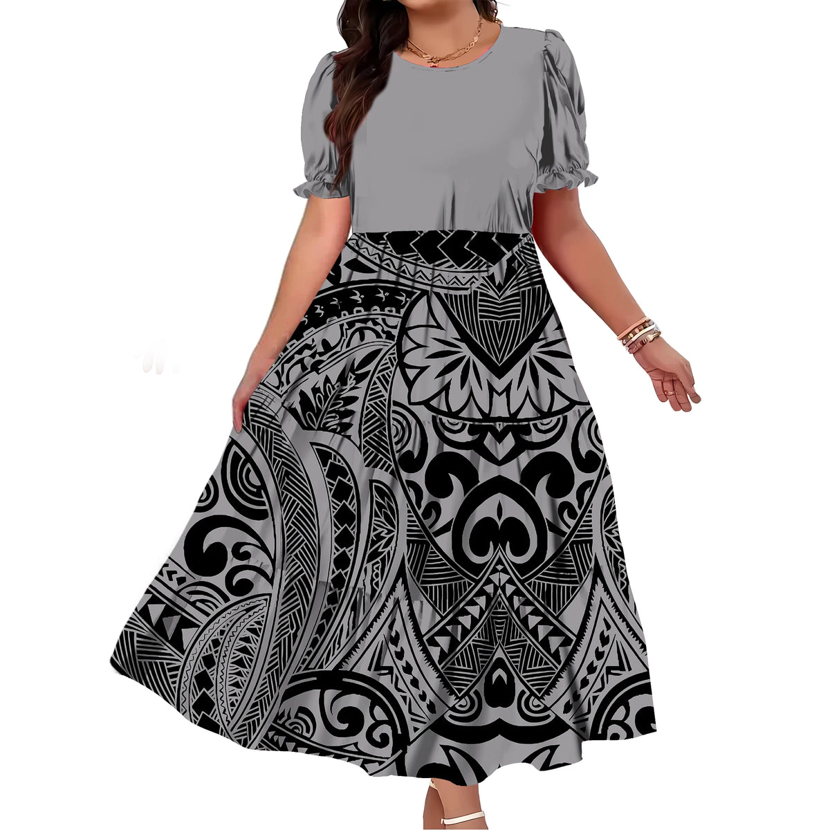 Robe Femme Longue Imprimé Polynésien Manches Bouffantes Ample Élégante – CLEVI Paris