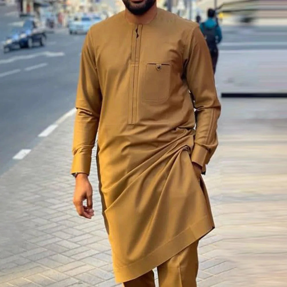 Ensemble 2 Pièces Homme Style Africain Chemise Manches Longues Col Rond + Pantalon Cordon Élégant XS-XXL – CLEVI Paris