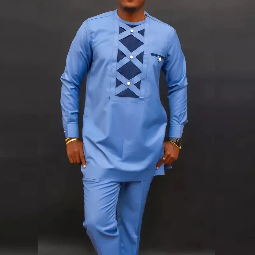 Ensemble Kaftan Homme 2 Pièces Broderie Manches Longues Col Rond + Pantalon Cordon Style Africain Mariage M-4XL – CLEVI Paris