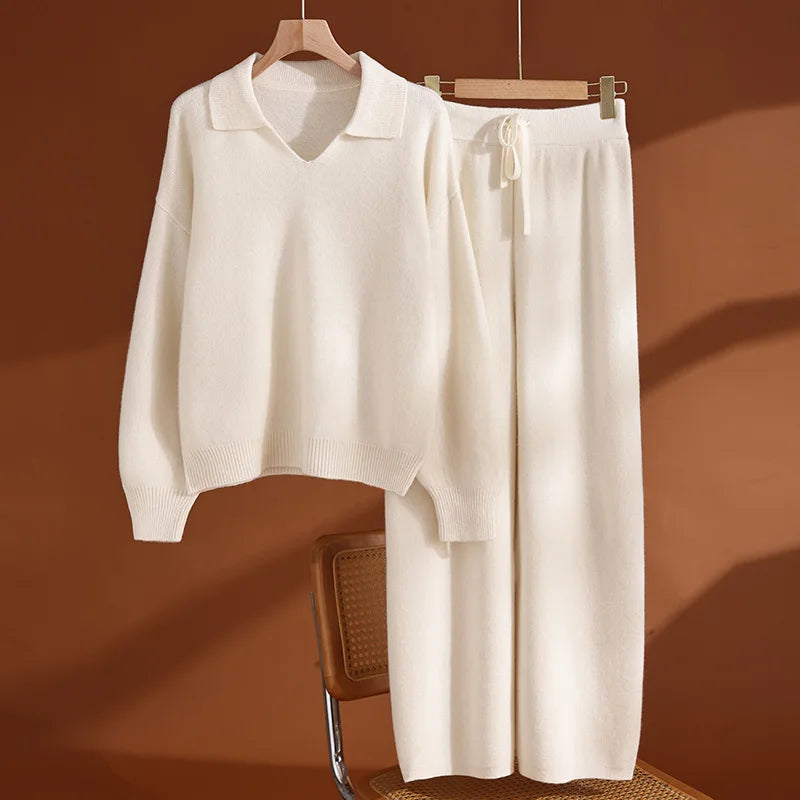 Ensemble laine femme, pull polo et pantalon – CLEVI Paris