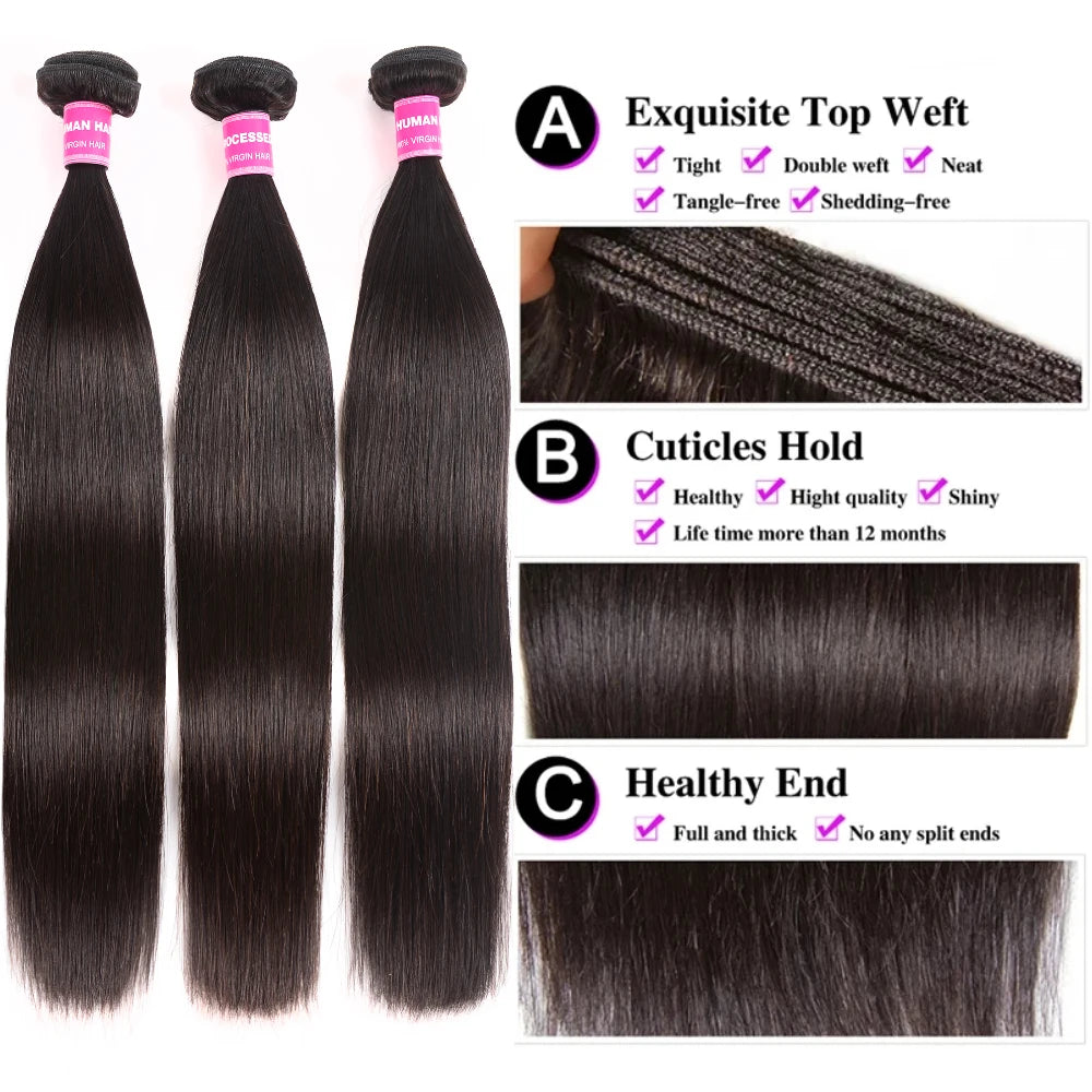Extensions Cheveux Humains Straight Brésiliennes 100% Remy Hair 1/3/4 Mèches 8-30 Pouces Couleur Naturelle – CLEVI Paris