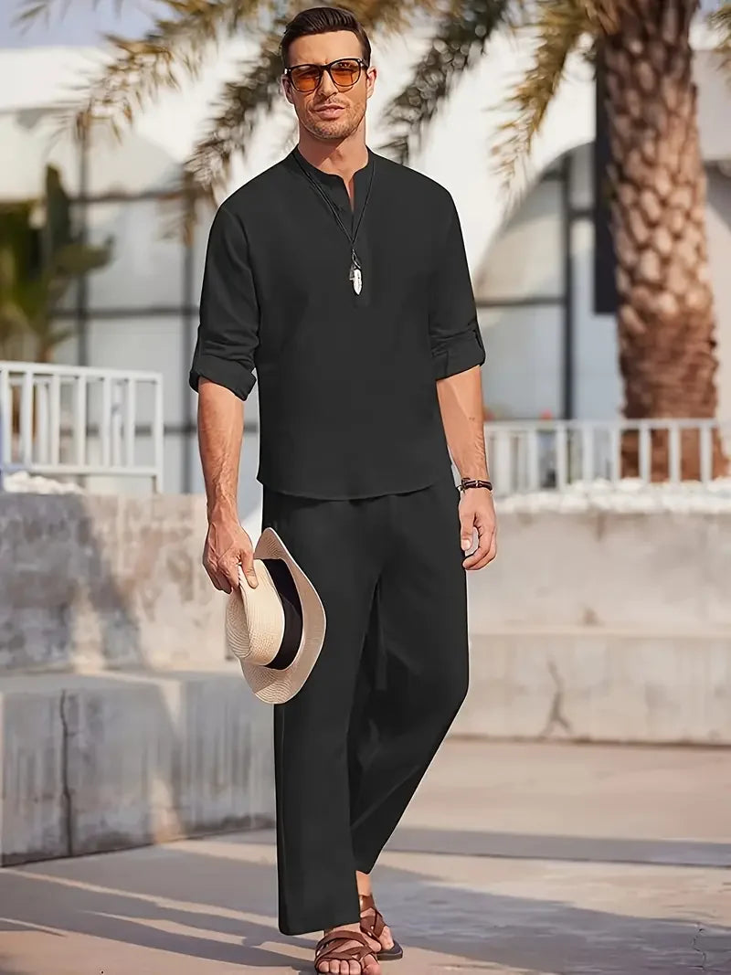 Ensemble Homme Chemise Henley Manches Longues Col Tunisien + Pantalon Taille Élastique Coton Lin Casual Été 8 Coloris – CLEVI Paris