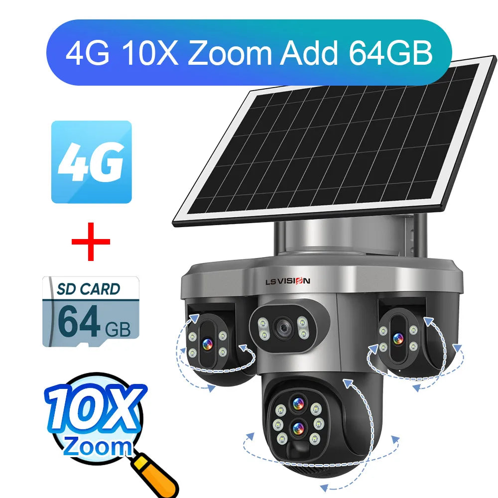 Caméra Solaire LS VISION 20MP 4 Objectifs 3 Écrans PTZ Zoom 10x 4G/Wi-Fi IP66 V380 Pro – CLEVI Paris