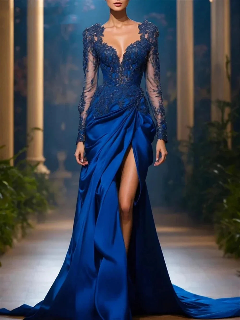 Robe de soirée sirène en satin à fente – CLEVI Paris
