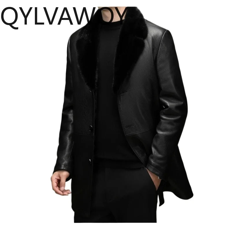 Manteau mi-long homme en cuir noir zippé – CLEVI Paris