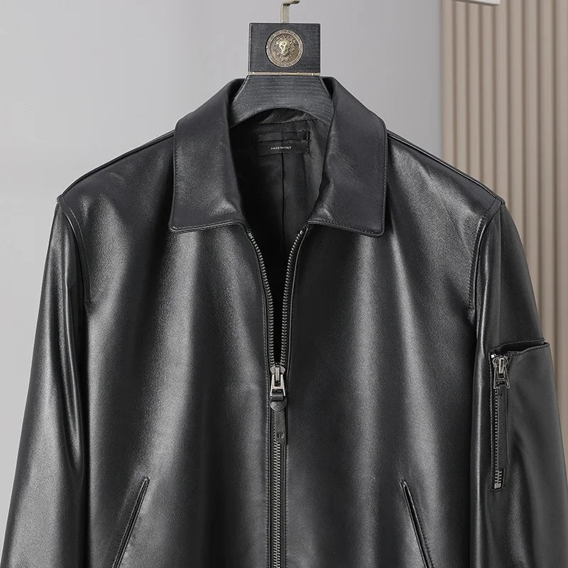 Veste homme en cuir à col rabattu zippée – CLEVI Paris