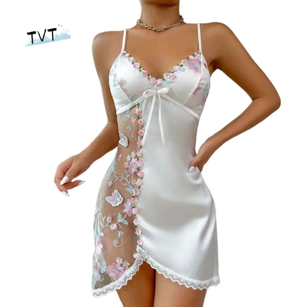 Nuisette Dentelle Nœud Mesh Transparent Soie Glacée Femme Robe de Nuit Brodée Sans Manches S-XL – CLEVI Paris