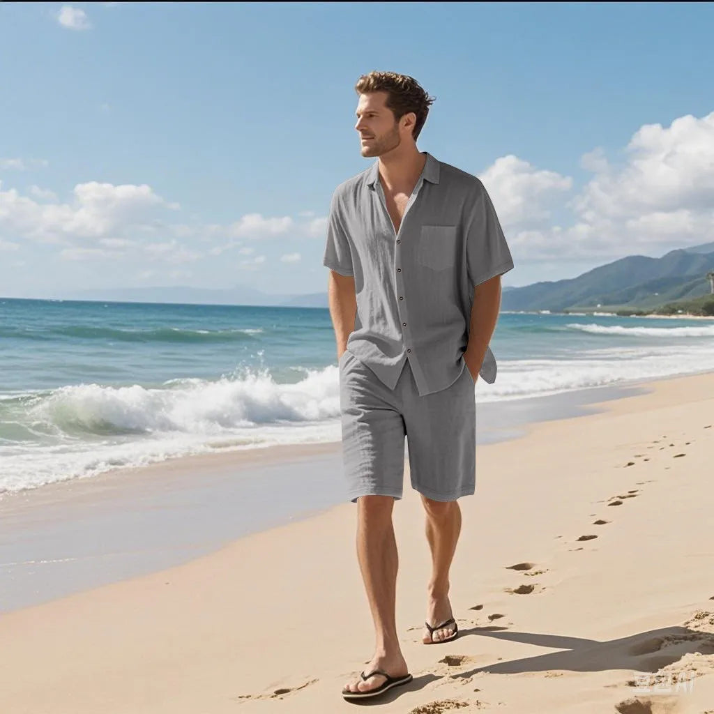 Ensemble 2 Pièces Homme Lin Chemise Manches Courtes + Short Casual Plage Été – CLEVI Paris