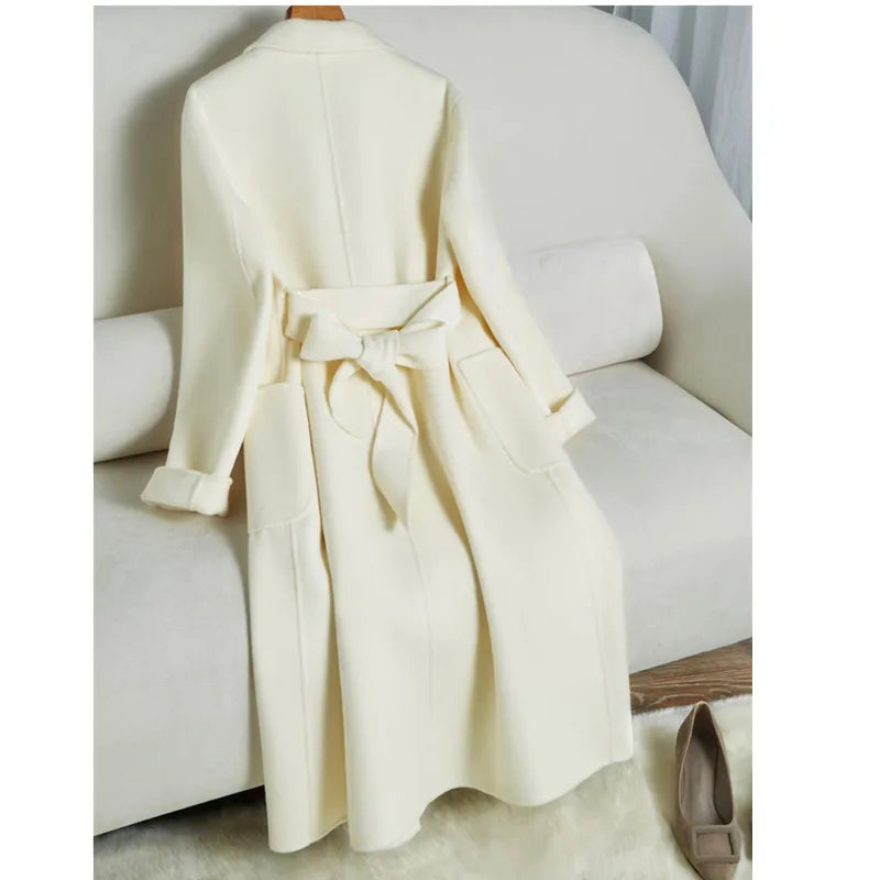 Manteau long femme ceinturé à revers – CLEVI Paris