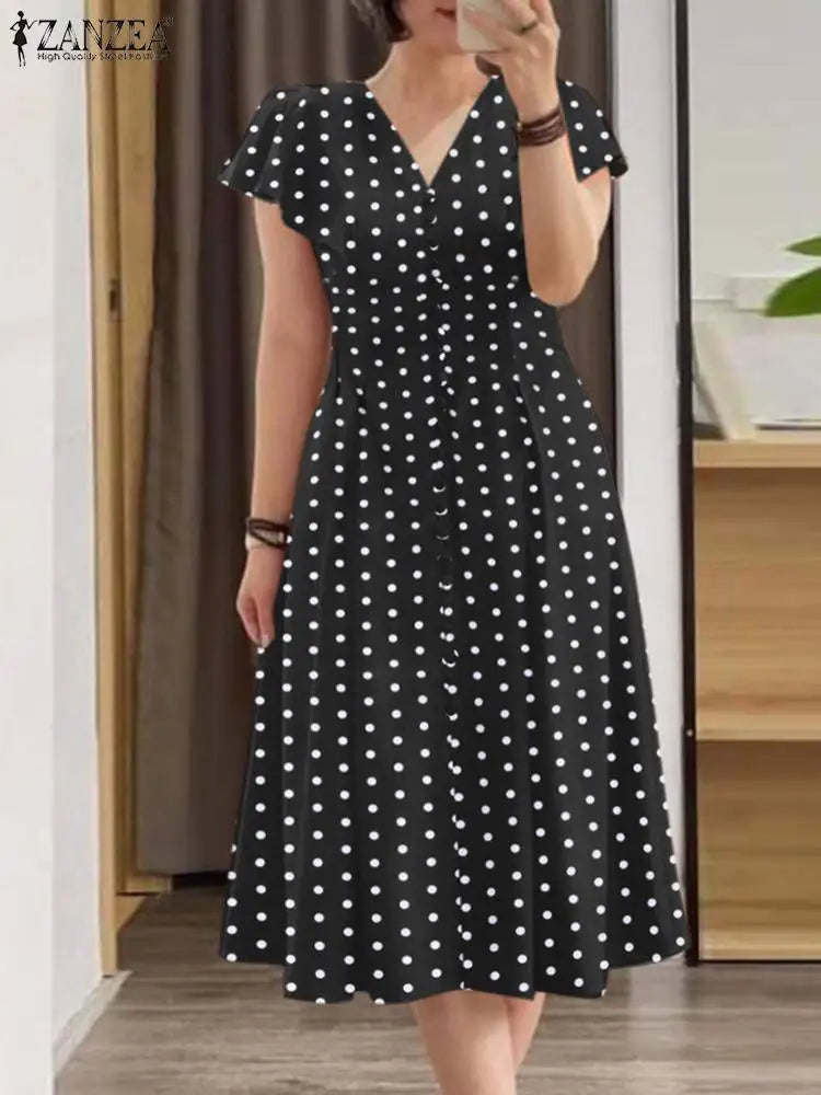 Robe Femme Col V Imprimé Pois Manches Papillon Vintage Mi-Mollet – CLEVI Paris