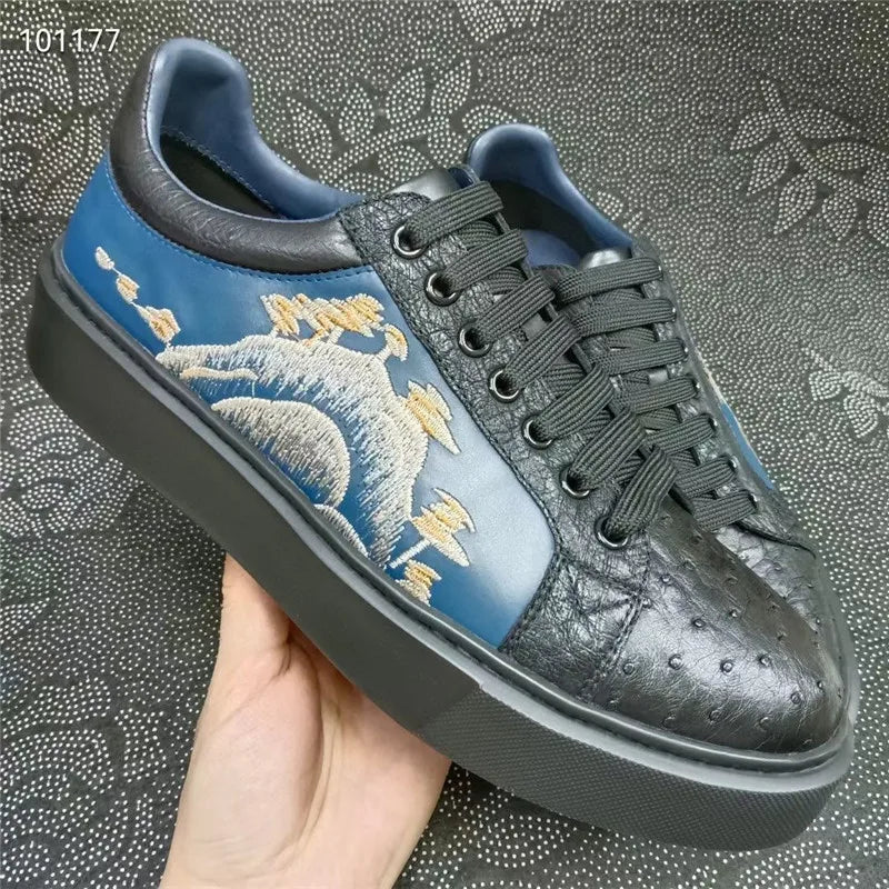 Sneakers Cuir Autruche Broderie Homme Noir – CLEVI Paris