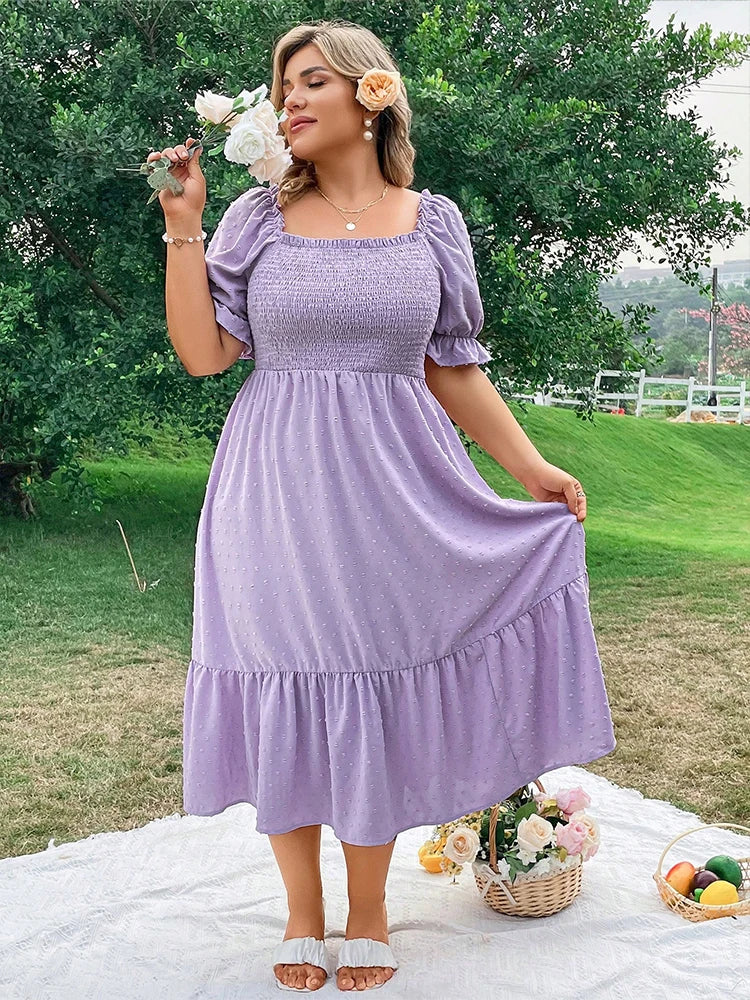 Robe Femme Grande Taille Col Carré Manches Bouffantes Nœud Dos – CLEVI Paris