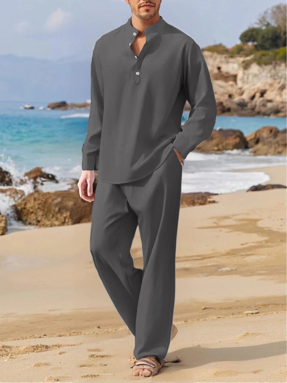 Ensemble Homme Chemise Col V Sans Manches + Pantalon Casual Beach Outdoor – CLEVI Paris