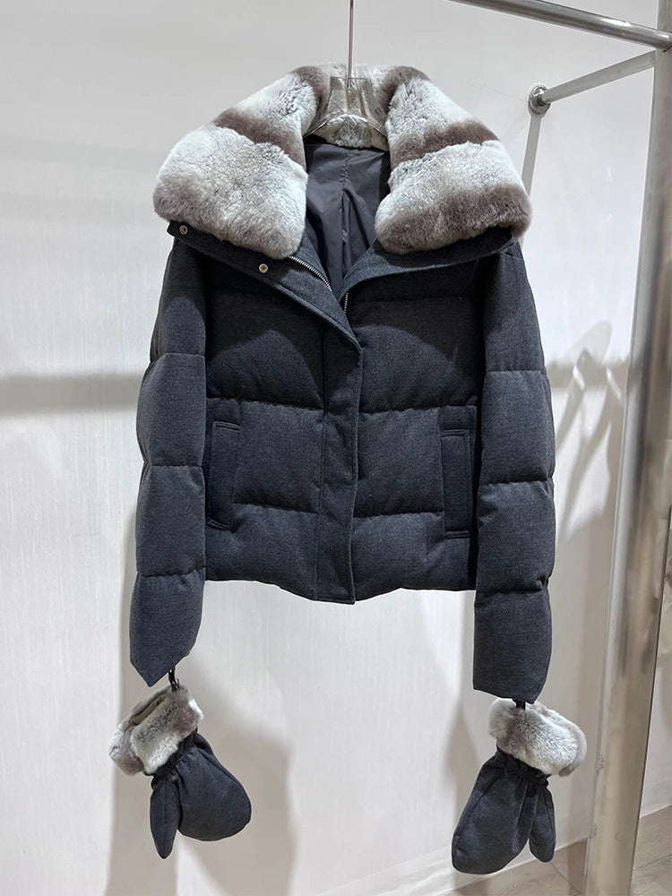Doudoune femme courte col en lapin Rex – CLEVI Paris