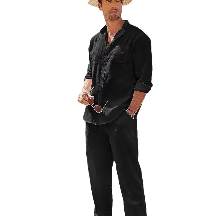 Ensemble 2 Pièces Homme Coton Lin Col Mao Chemise Manches Longues + Pantalon Style Casual Vintage – CLEVI Paris