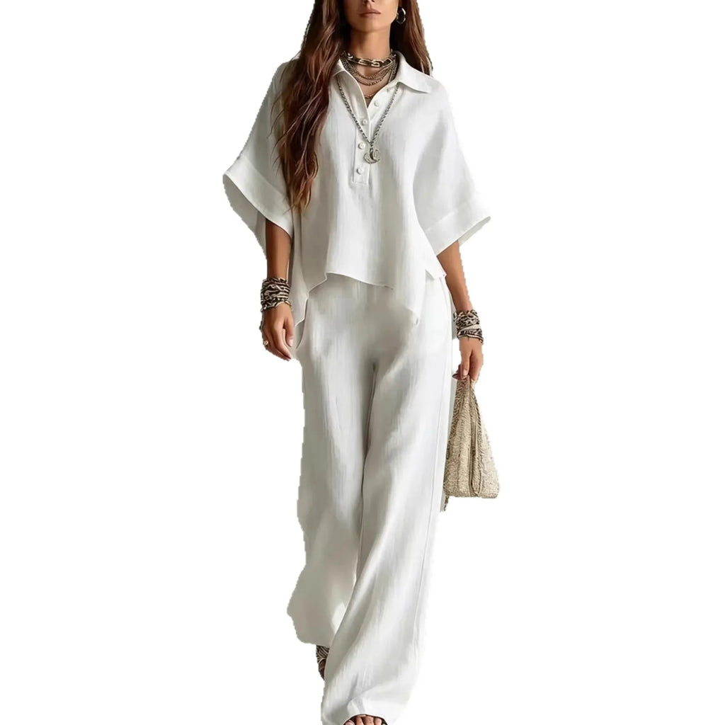 Ensemble femme haut col V et pantalon large – CLEVI Paris