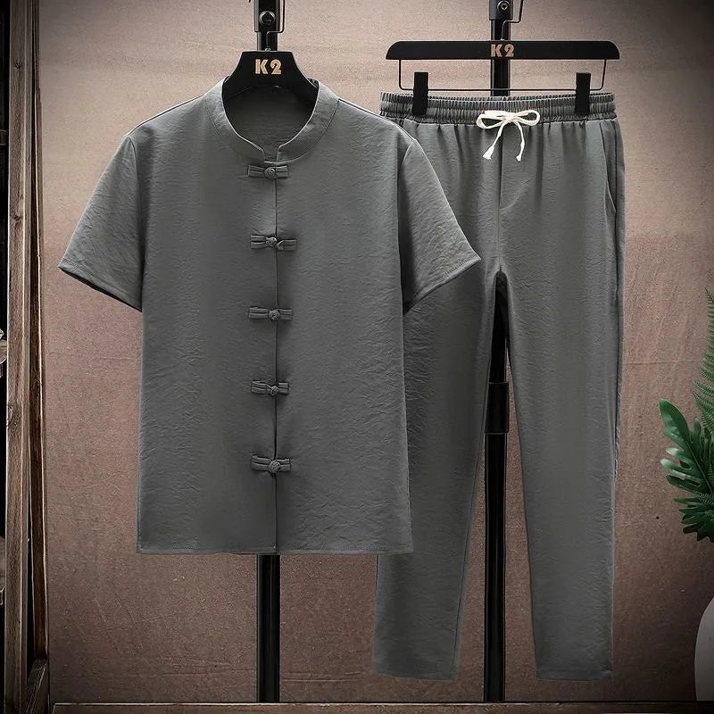 Ensemble 2 Pièces Homme T-shirt Col Rond + Pantalon Long Coton Lin Été Grande Taille KOLMAKOV – 4 Coloris, M à 4XL – CLEVI Paris
