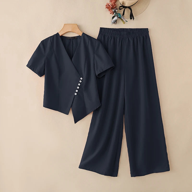 Ensemble 2 Pièces Femme Blouse Col V Manches Courtes Plissée + Pantalon Large Taille Mi-Haute Élastique OL Casual 3 Coloris – CLEVI Paris