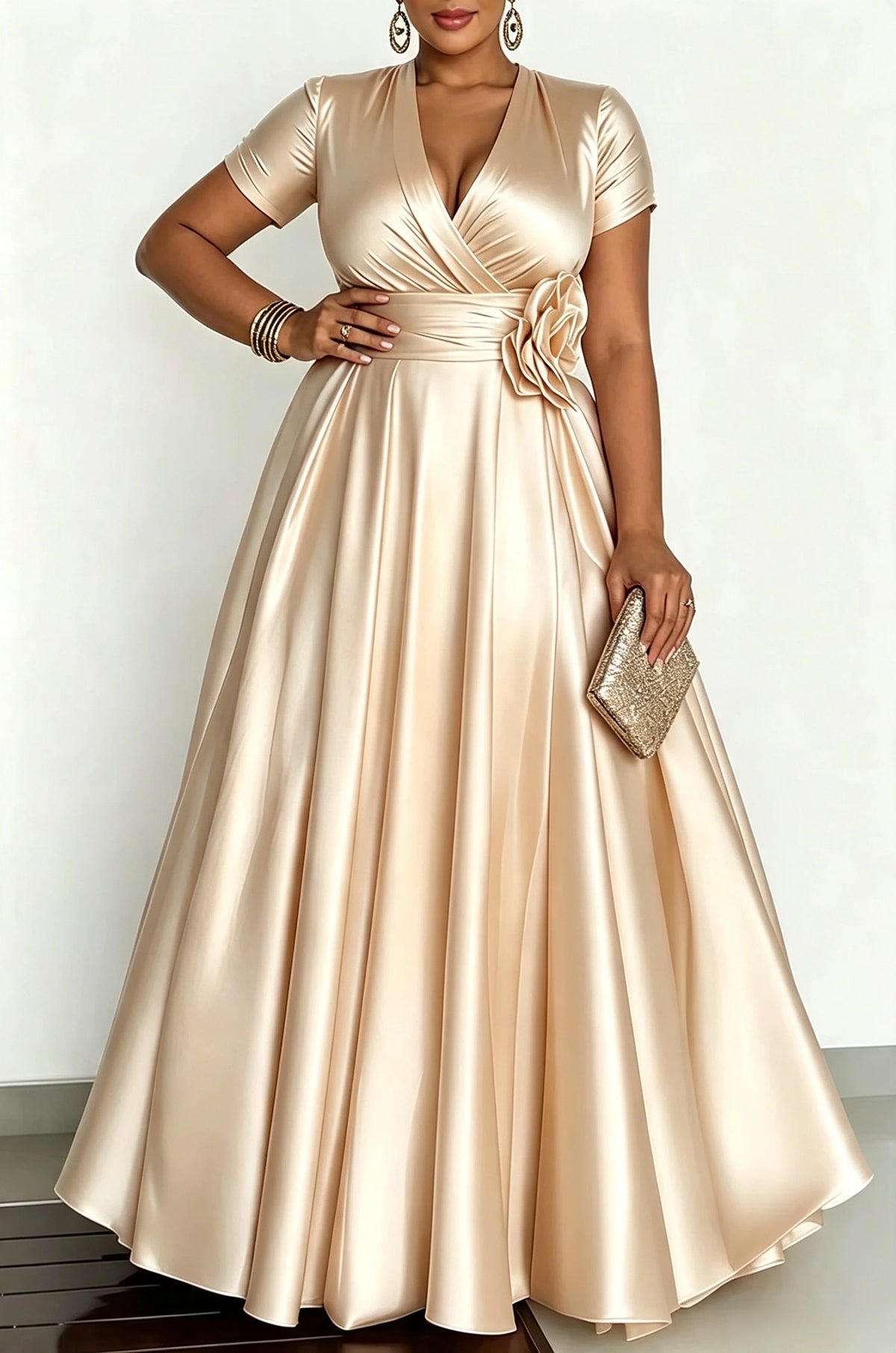 Robe de soirée satinée à fleur 3D – CLEVI Paris