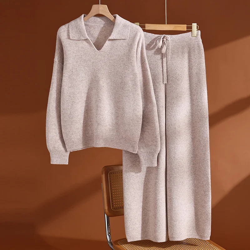 Ensemble laine femme, pull polo et pantalon – CLEVI Paris