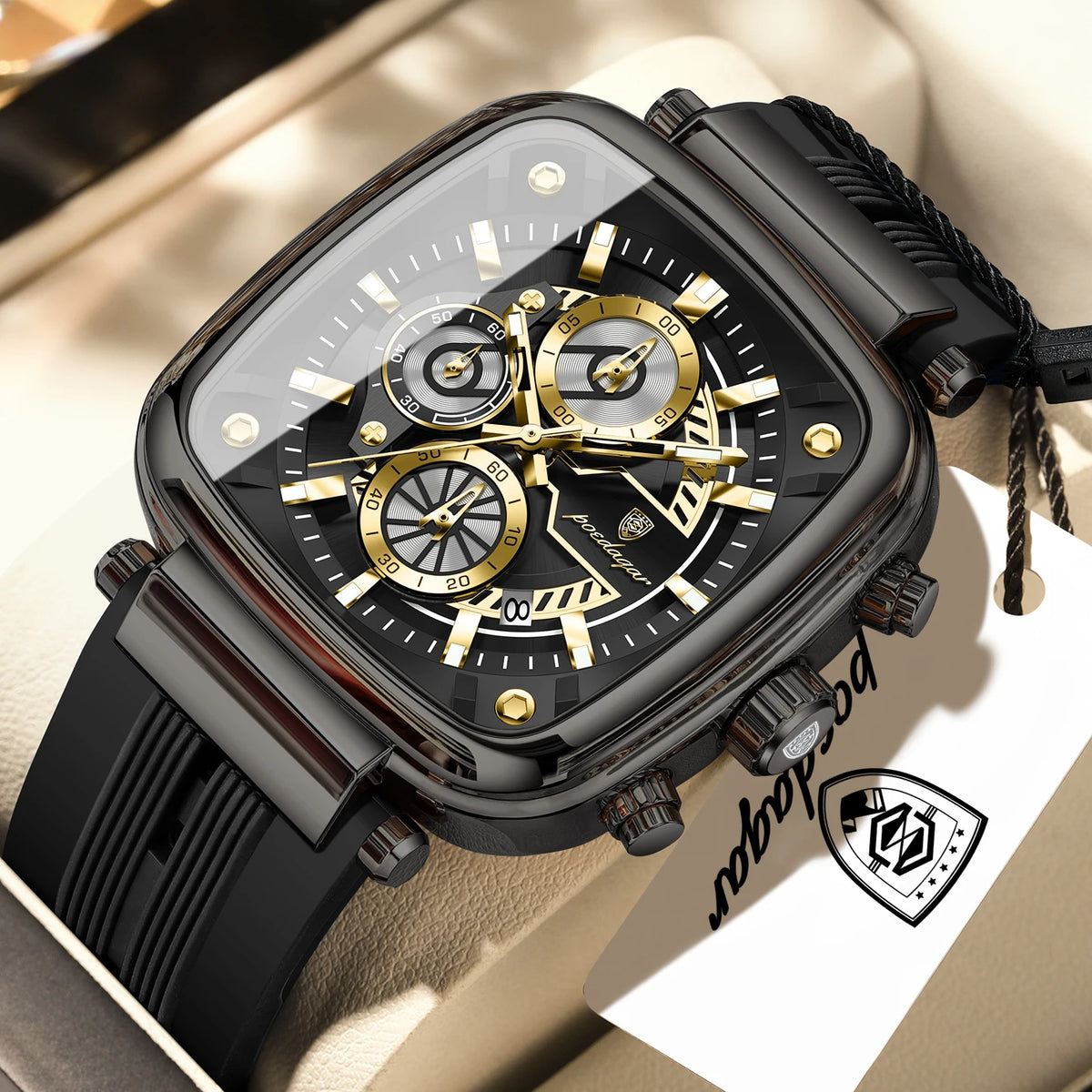 POEDAGAR 849 Montre Homme Quartz Carrée Chronographe Silicone Lumineux 30M – CLEVI Paris
