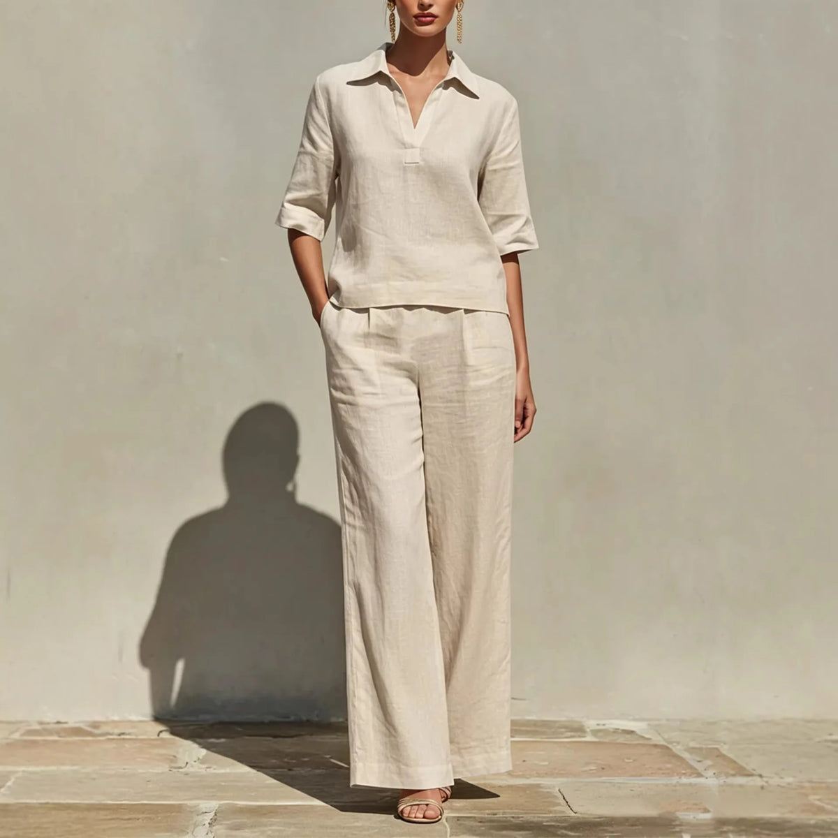 Ensemble Femme Blouse Col Polo et Pantalon Large – CLEVI Paris
