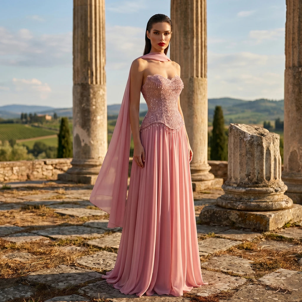 Robe de soirée rose perlée avec écharpe – CLEVI Paris