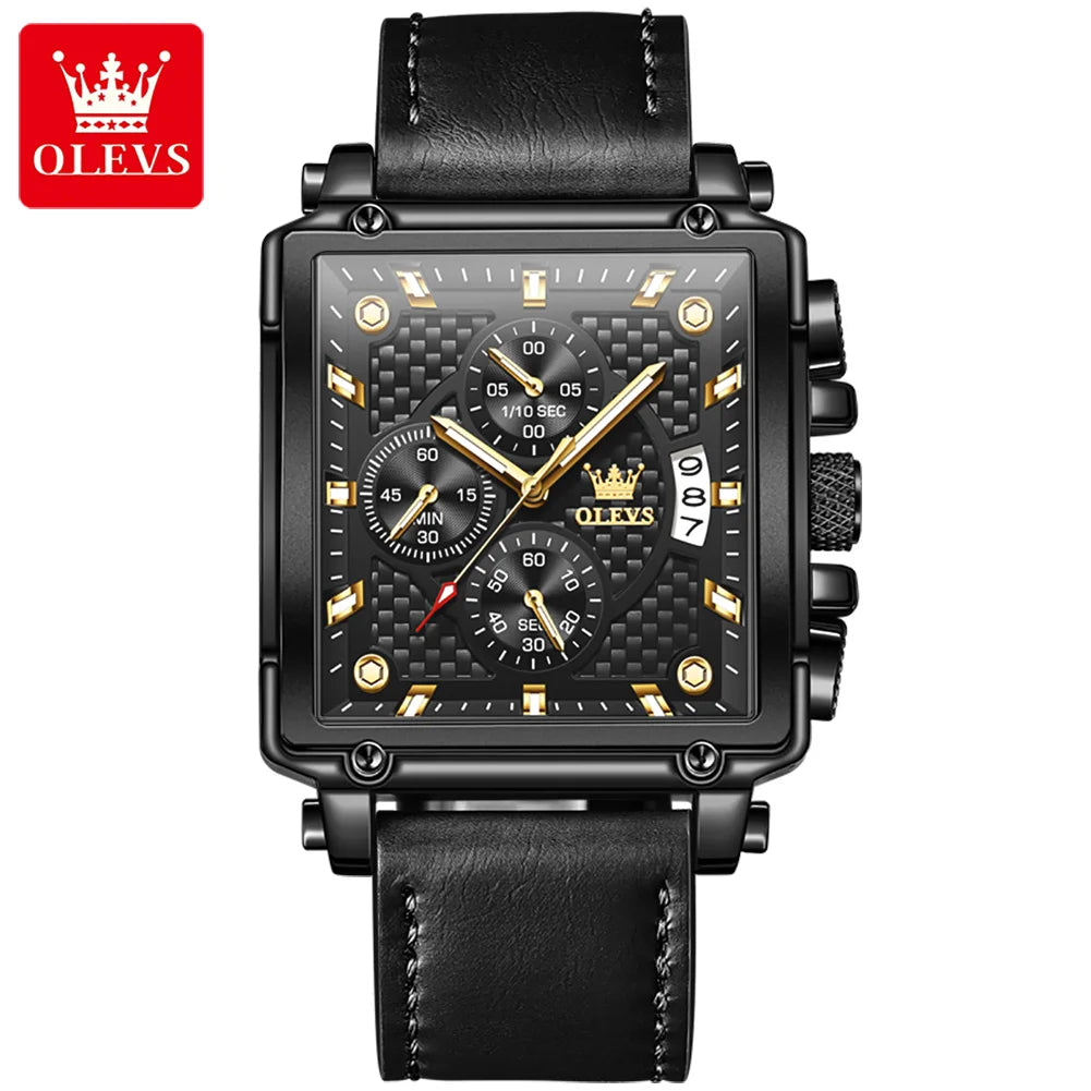 OLEVS 9925 Montre Homme Quartz Carrée Chronographe Date Lumineux Cuir 30M – CLEVI Paris