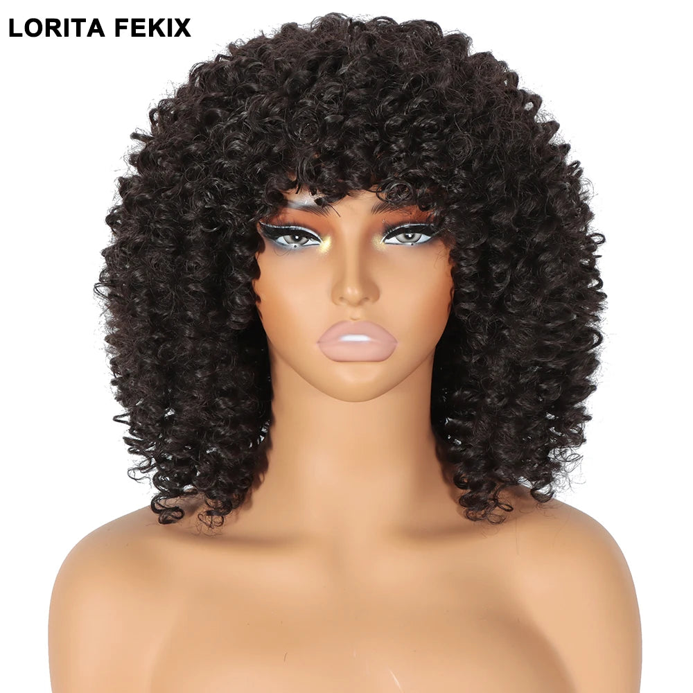 Perruque Synthétique Courte Afro Kinky Curly Avec Frange 180% 6 Teintes 14 Pouces – CLEVI Paris