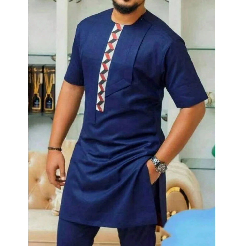 Kaftan Dashiki Homme 2 Pièces Brodé Manches Longues Col Rond + Pantalon Élastique Style Africain Mariage Fête M-4XL – CLEVI Paris