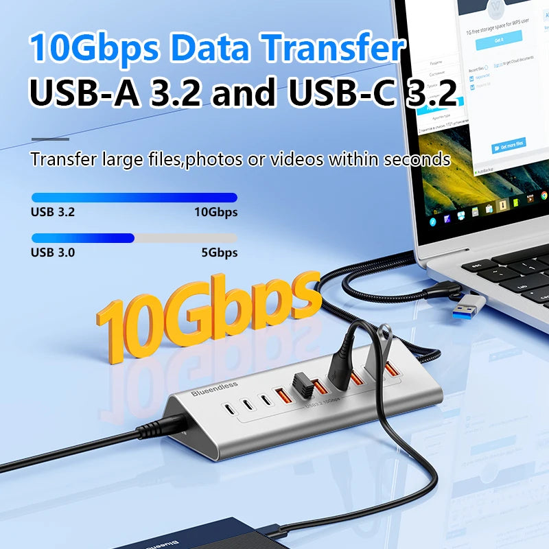 Hub USB-C Aluminium Blueendless 10Gbps 7 ou 10 Ports USB 3.2 Gen2 – CLEVI Paris
