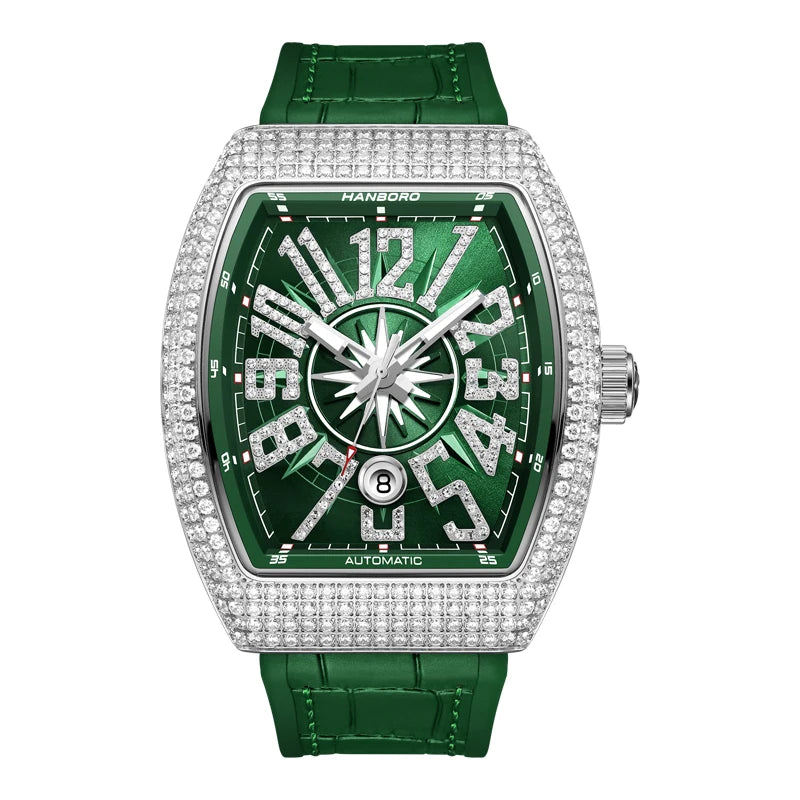 HANBORO 9029 Montre Homme Automatique Tonneau 445 Cristaux Étanche 5ATM – CLEVI Paris