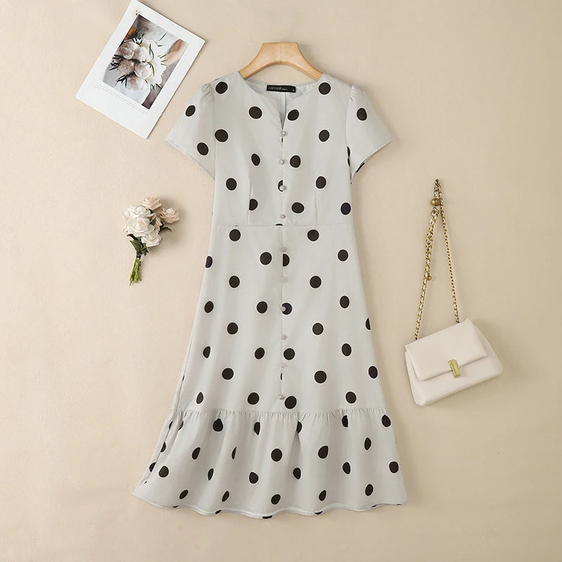 Robe Femme Col V Imprimé Pois Manches Courtes Mi-Mollet Élégante – CLEVI Paris