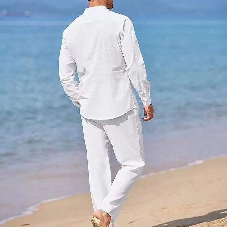 Ensemble 2 Pièces Homme Coton Lin Col Mao Chemise Manches Longues + Pantalon Style Casual Vintage – CLEVI Paris