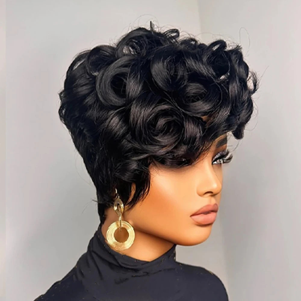 Perruque Pixie Cut 6 Pouces Loose Curly Avec Frange Dégradée Cheveux Humains Brésiliens Bonnet Rose Machine Made – CLEVI Paris