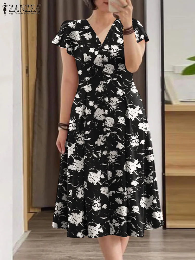 Robe Femme Col V Imprimé Floral Manches Papillon Taille Cintrée A-line Mi-Mollet – CLEVI Paris