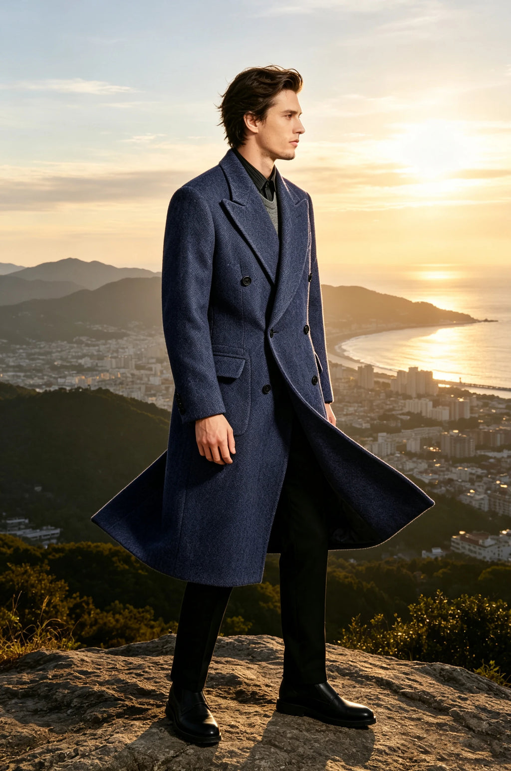 Manteau long homme tweed à chevrons – CLEVI Paris