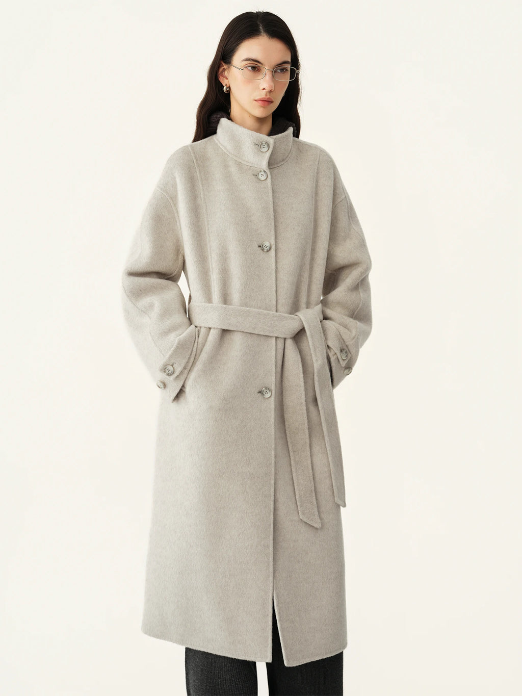 Manteau long en laine à col montant femme – CLEVI Paris